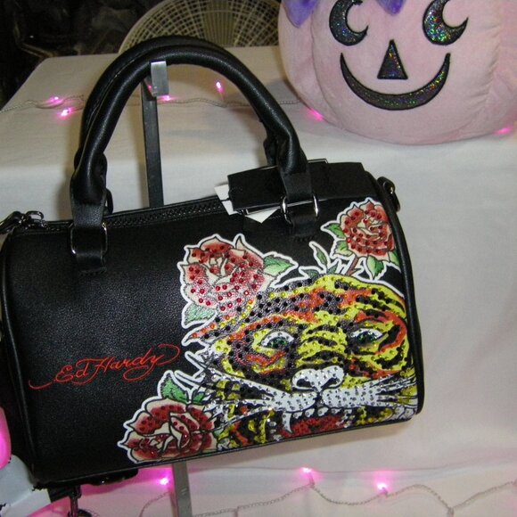 Ed Hardy Tiger Rhinestone Satchel Crossbody Bag Black NWT - Picture 2 of 16